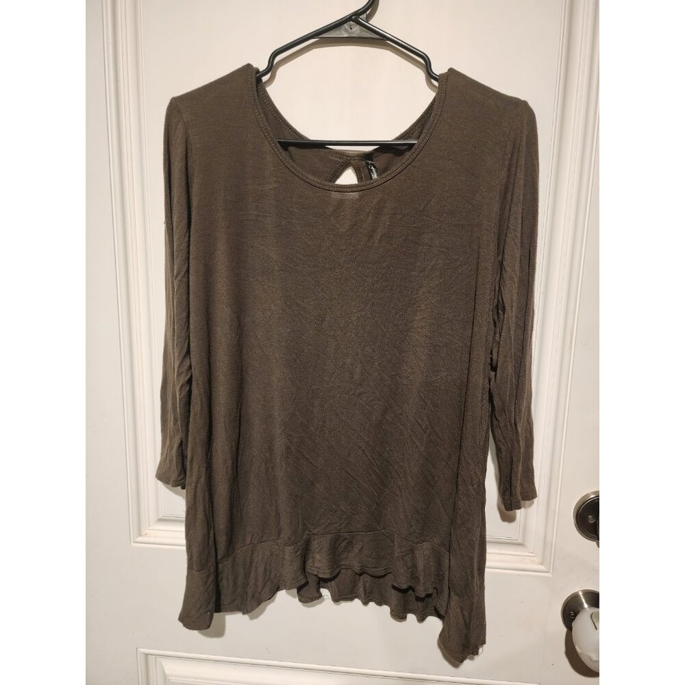 Forever Jade Women's Blouse Olive/ Brown Large Long Sleeve Keyhole Back